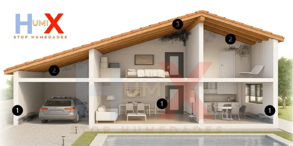Ilustración de vivienda con humedades por capilaridad, condensación y filtraciones. humedad en casa y salud