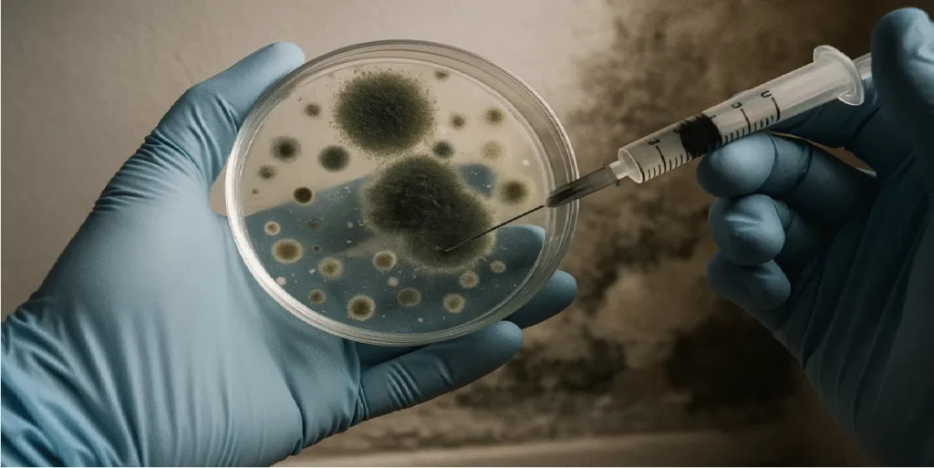 Extracción de muestra de moho en placa de Petri con jeringa, análisis en casa problemas de salud por humedad