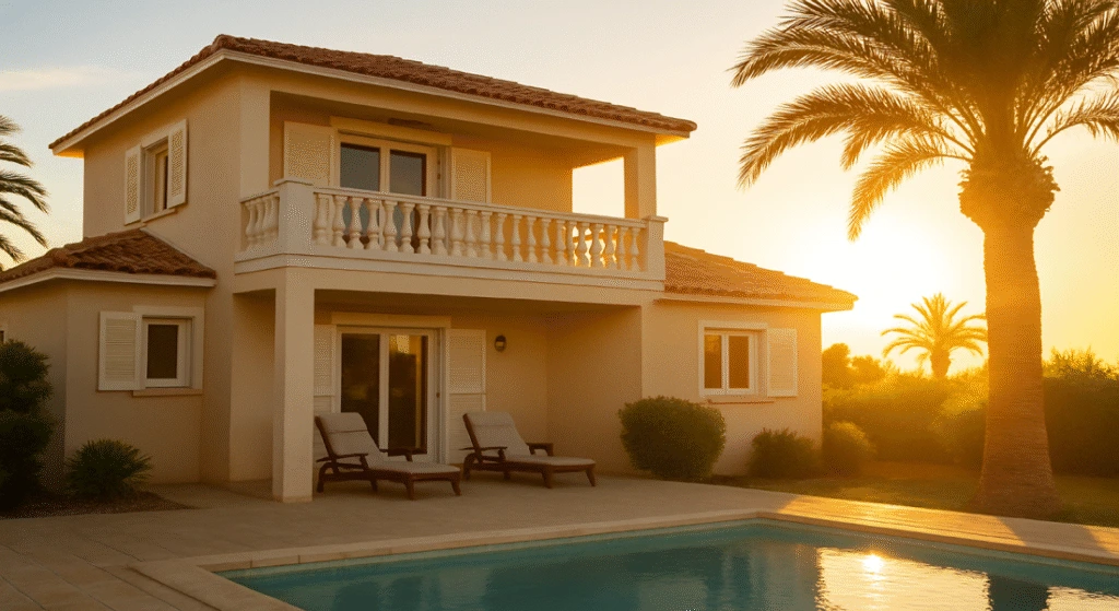 humedade en verano. chalet de verano al atardecer con piscina