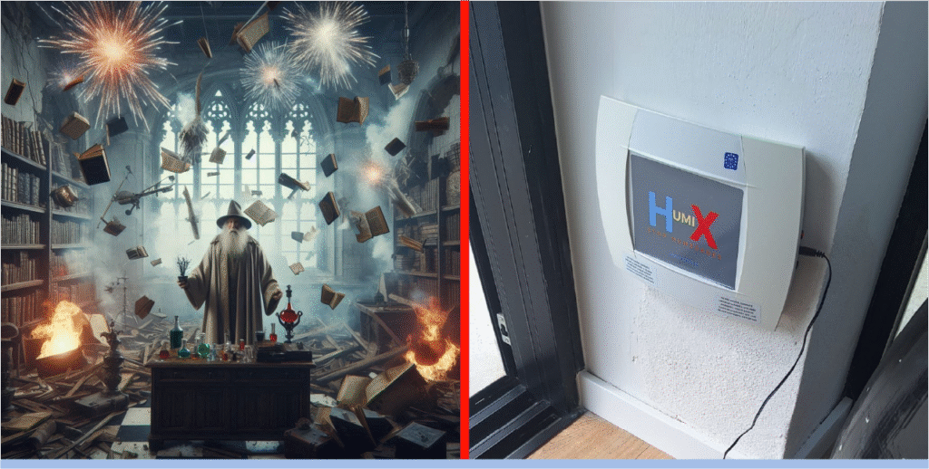 Izquierda Ilustración de un mago en biblioteca con libros volando, simbolizando la magia como crítica a tecnologías nuevas como los sistemas electrofísicos antihumedad. Derecha Dispositivo electrofísico de Humix instalado en pared para eliminar humedad por capilaridad sin obras, tecnología basada en ciencia