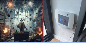 Izquierda Ilustración de un mago en biblioteca con libros volando, simbolizando la magia como crítica a tecnologías nuevas como los sistemas electrofísicos antihumedad. Derecha Dispositivo electrofísico de Humix instalado en pared para eliminar humedad por capilaridad sin obras, tecnología basada en ciencia