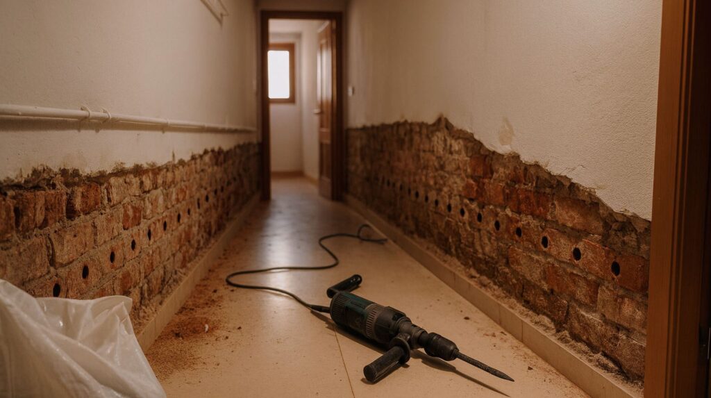 Pasillo en rehabilitación por humedad por capilaridad; zócalo del muro picado con escombros y taladro en el suelo, preparación para inyecciones o barrera física.