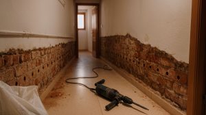 Pasillo en rehabilitación por humedad por capilaridad; zócalo del muro picado con escombros y taladro en el suelo, preparación para inyecciones o barrera física.