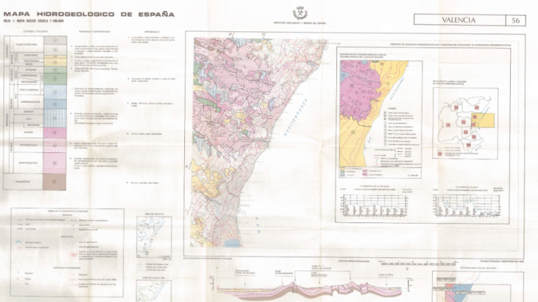 Mapa hidrogeológico IGME de Valencia (Hoja 56) con isopiezas y unidades; suelos y acuíferos de la Plana de Valencia