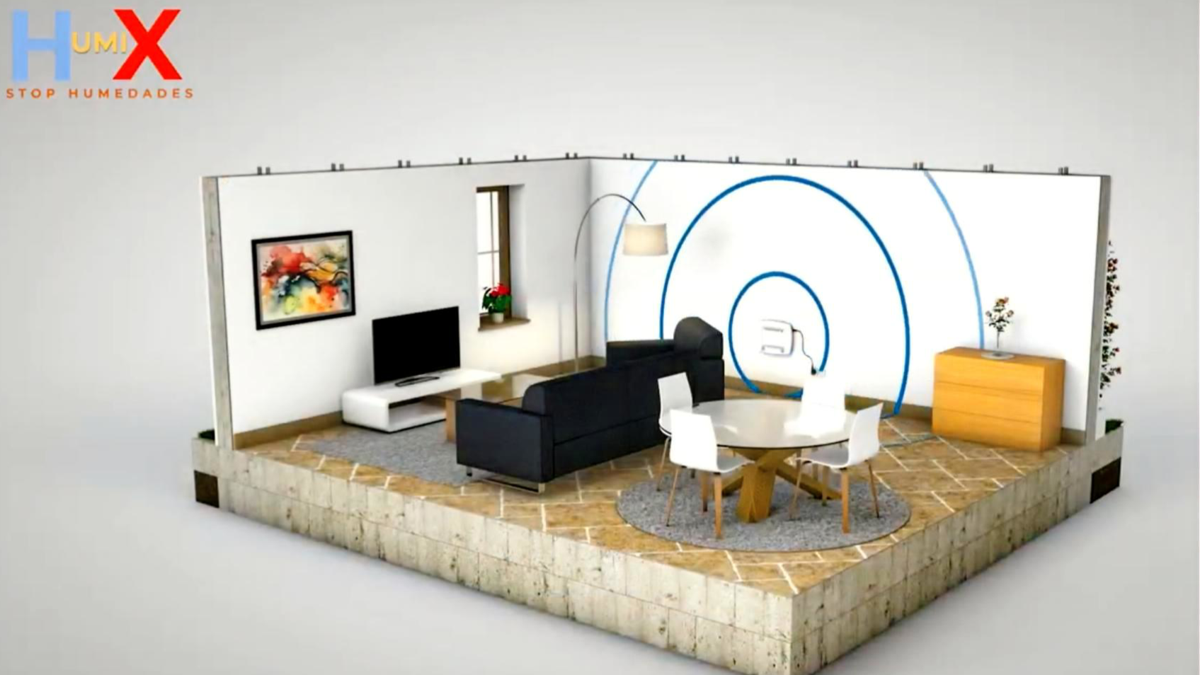 Render 3D de una sala de estar con el dispositivo HS-221 de Humix emitiendo ondas de baja frecuencia hacia una pared con humedad, ilustrando su funcionamiento sin obras ni químicos.