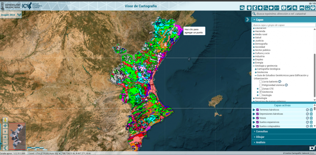Visor cartográfico ICV con litología y suelos de la Comunitat Valenciana; referencia para altura capilar y nivel freático