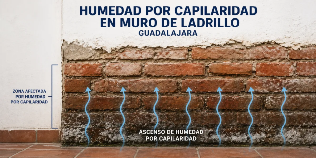 humedad por capilaridad en Guadalajara muro ladrillo eflorescencias