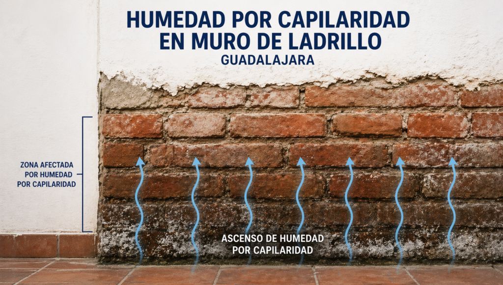 humedad por capilaridad en Guadalajara muro ladrillo eflorescencias
