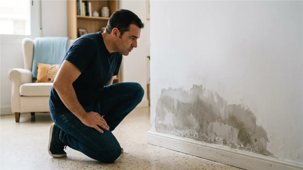 Propietario inspeccionando mancha de humedad en pared antes de contratar una empresa especializada